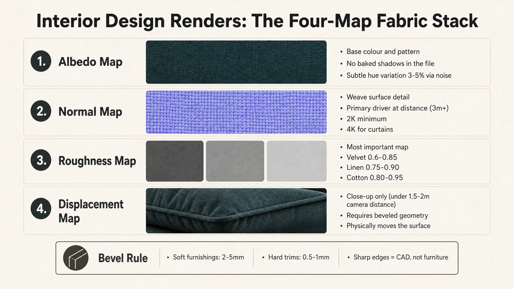 Four-map PBR fabric stack for interior design renders with albedo, normal map, roughness map, and displacement map rows with fabric type roughness values and bevel rule