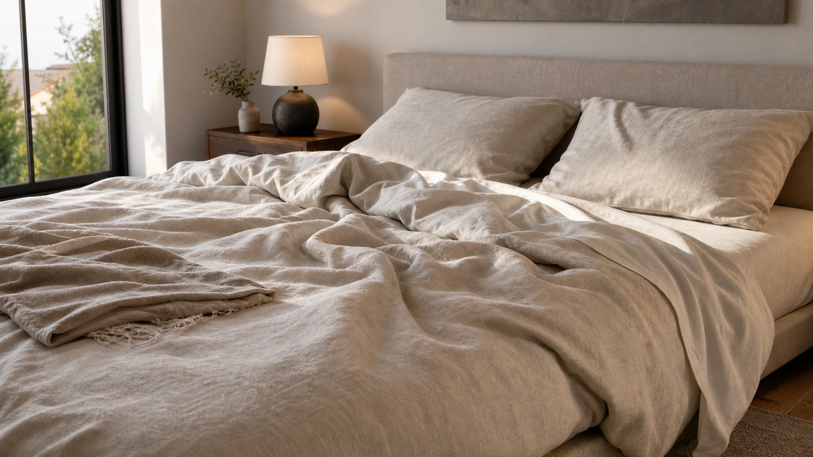 Photorealistic interior design render of a contemporary master bedroom with natural linen duvet and cotton pillowcases showing Marvelous Designer gravity-based draping folds and fabric surface texture contrast between linen and cotton