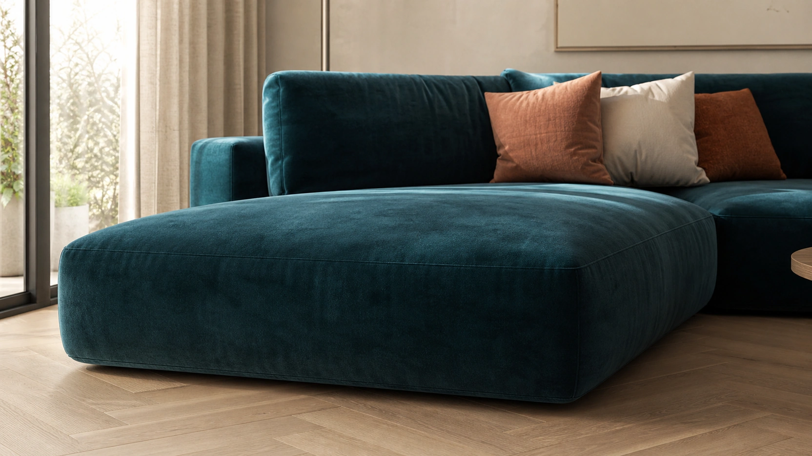 Photorealistic interior design render close-up of a teal velvet sofa sectional showing angle-dependent sheen at cushion folds and beveled armrests in warm diffused window light