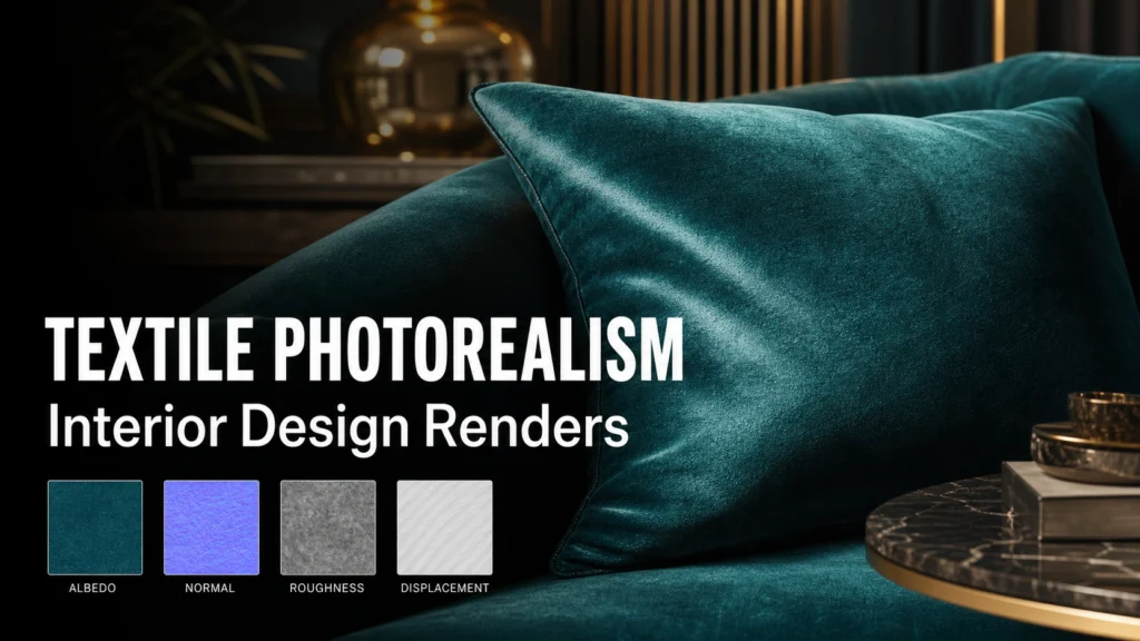 interior design renders post with text overlay reading Textile Photorealism and Interior Design Renders on a teal velvet cushion close-up with four PBR map squares graphic