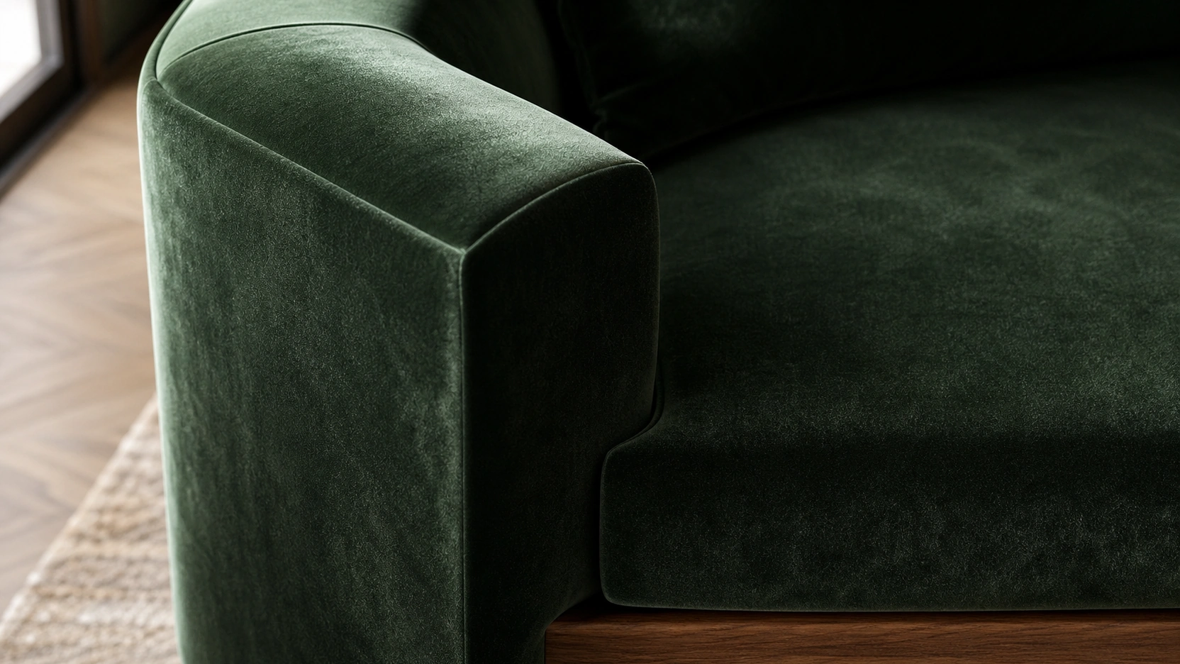 Photorealistic interior design render macro detail of a forest green velvet sofa armrest showing angle-dependent sheen highlight at the beveled top edge and fine pile surface texture