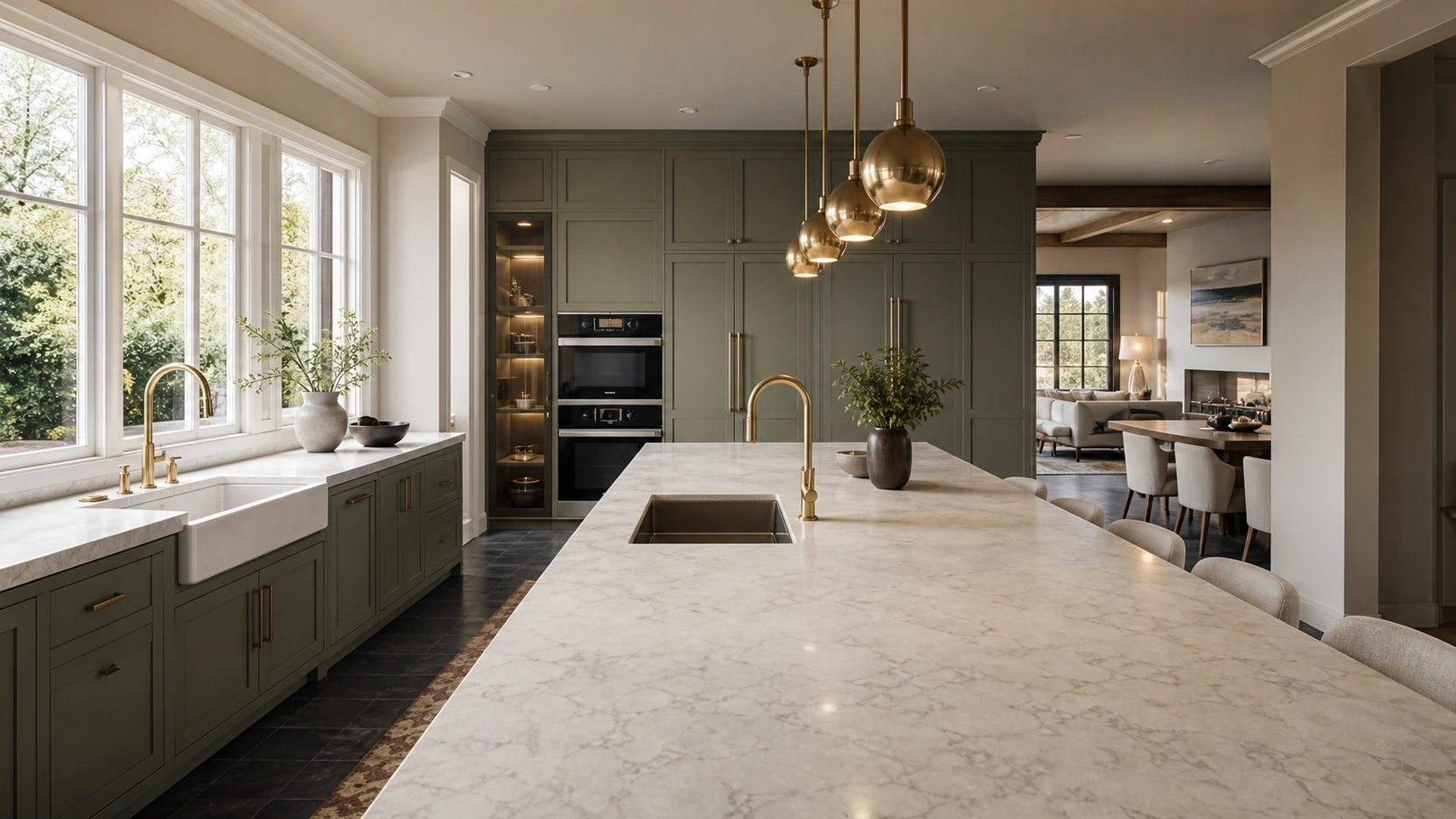 Photorealistic interior walkthrough entry point to a luxury kitchen with marble island and brass pendant lighting, showing 3D architectural walkthrough camera position
