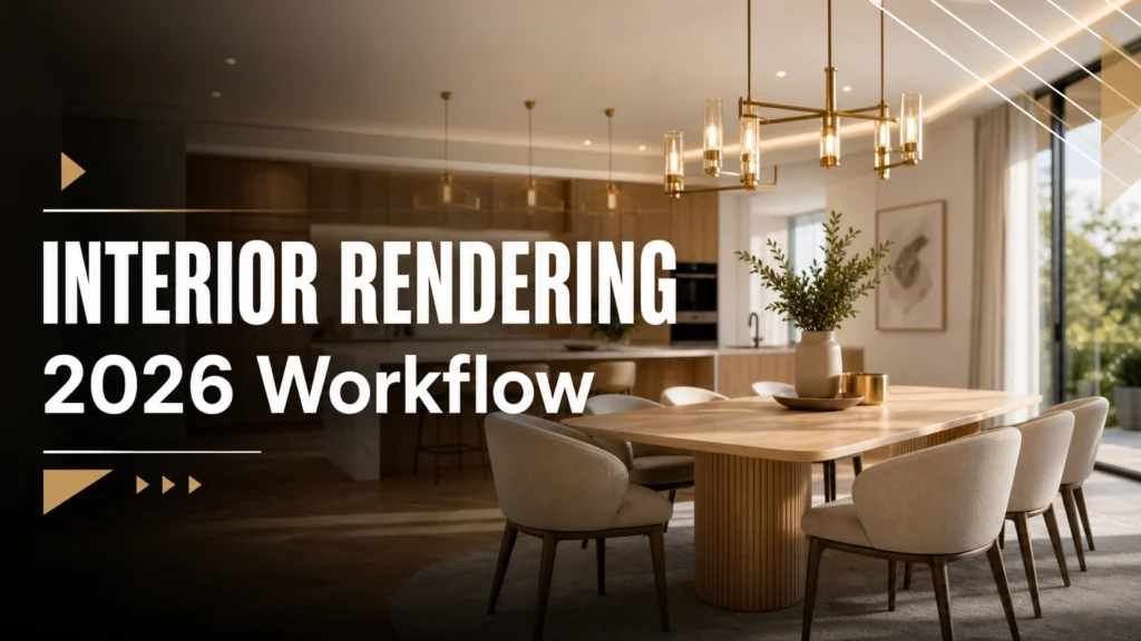 Blog thumbnail explaining what is rendering in interior design with text overlay and photorealistic dining room render