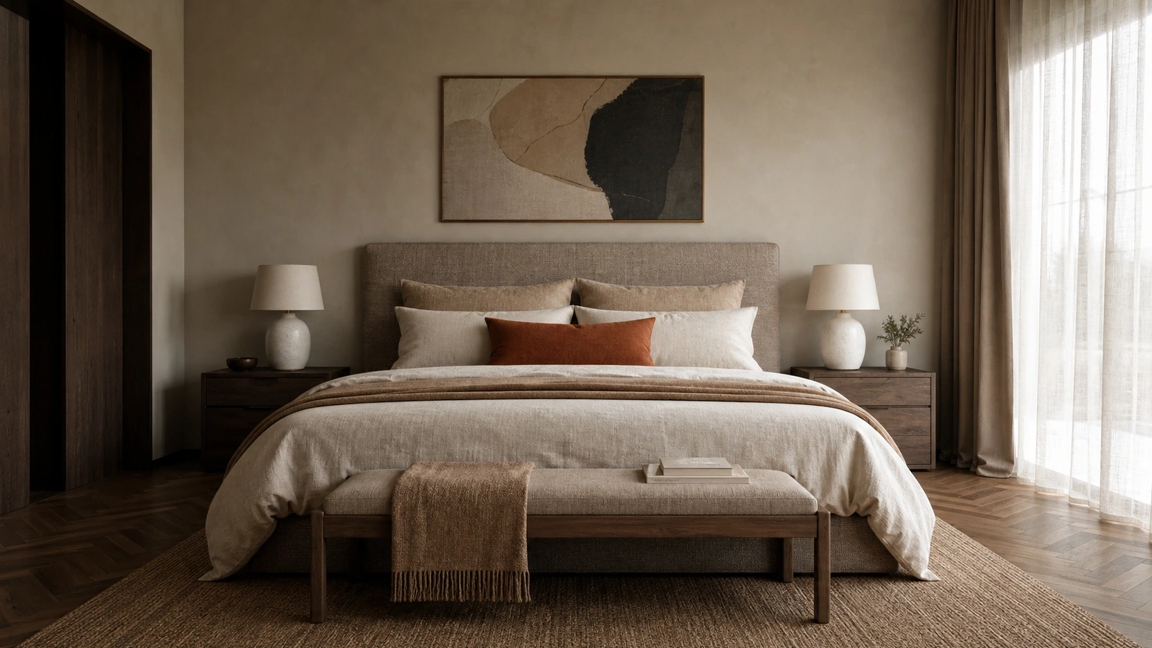 Luxury bedroom interior rendering with photorealistic fabric textures showing what is rendering in interior design