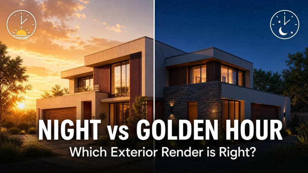 Blog thumbnail for exterior renderings post with text overlay reading Night vs Golden Hour and Which Exterior Render is Right on a split golden hour and blue hour background with sun and moon graphic elements