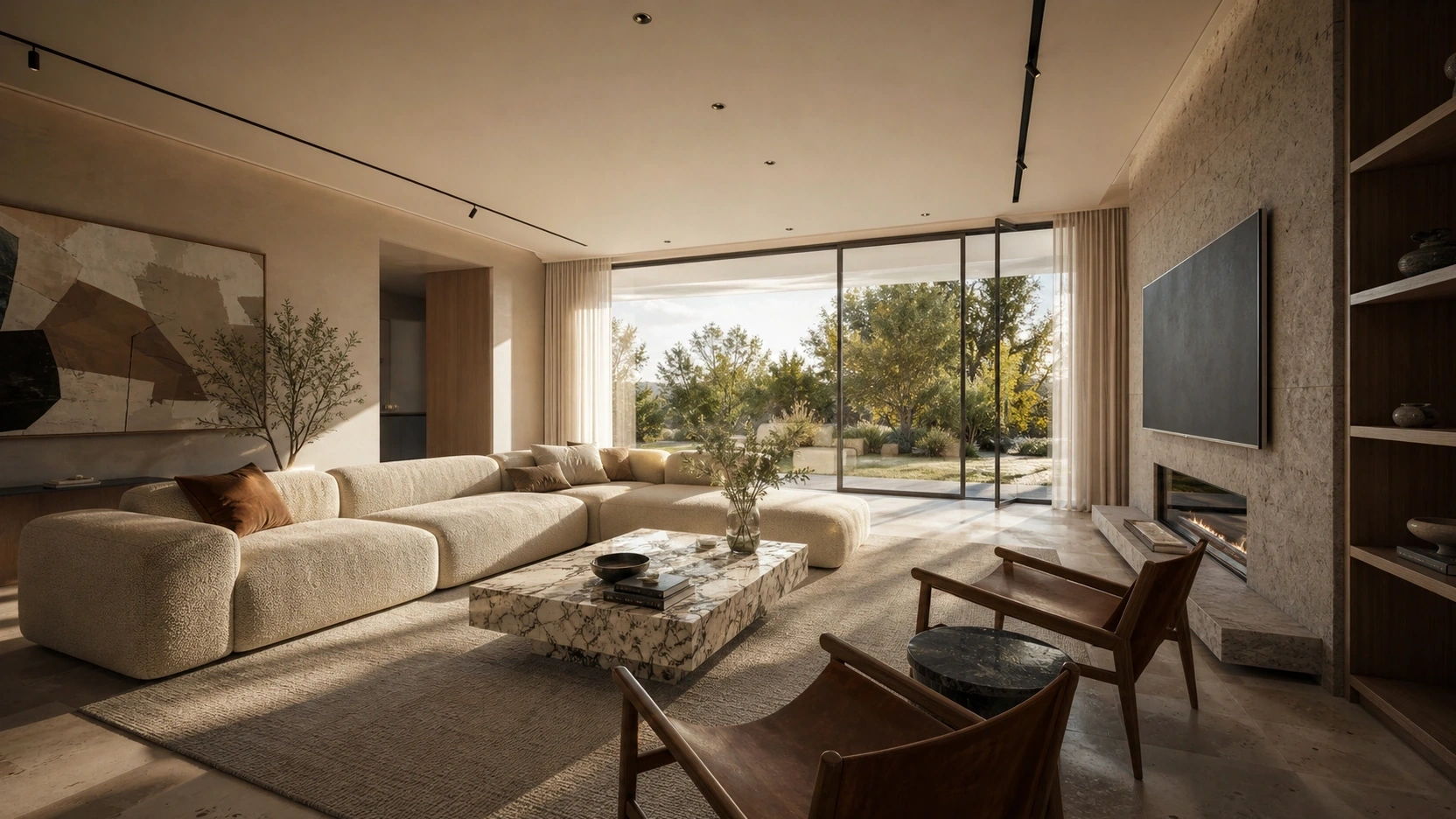 Photorealistic rendering for interior design of a contemporary living room at 24mm focal length showing full spatial volume with natural afternoon daylight