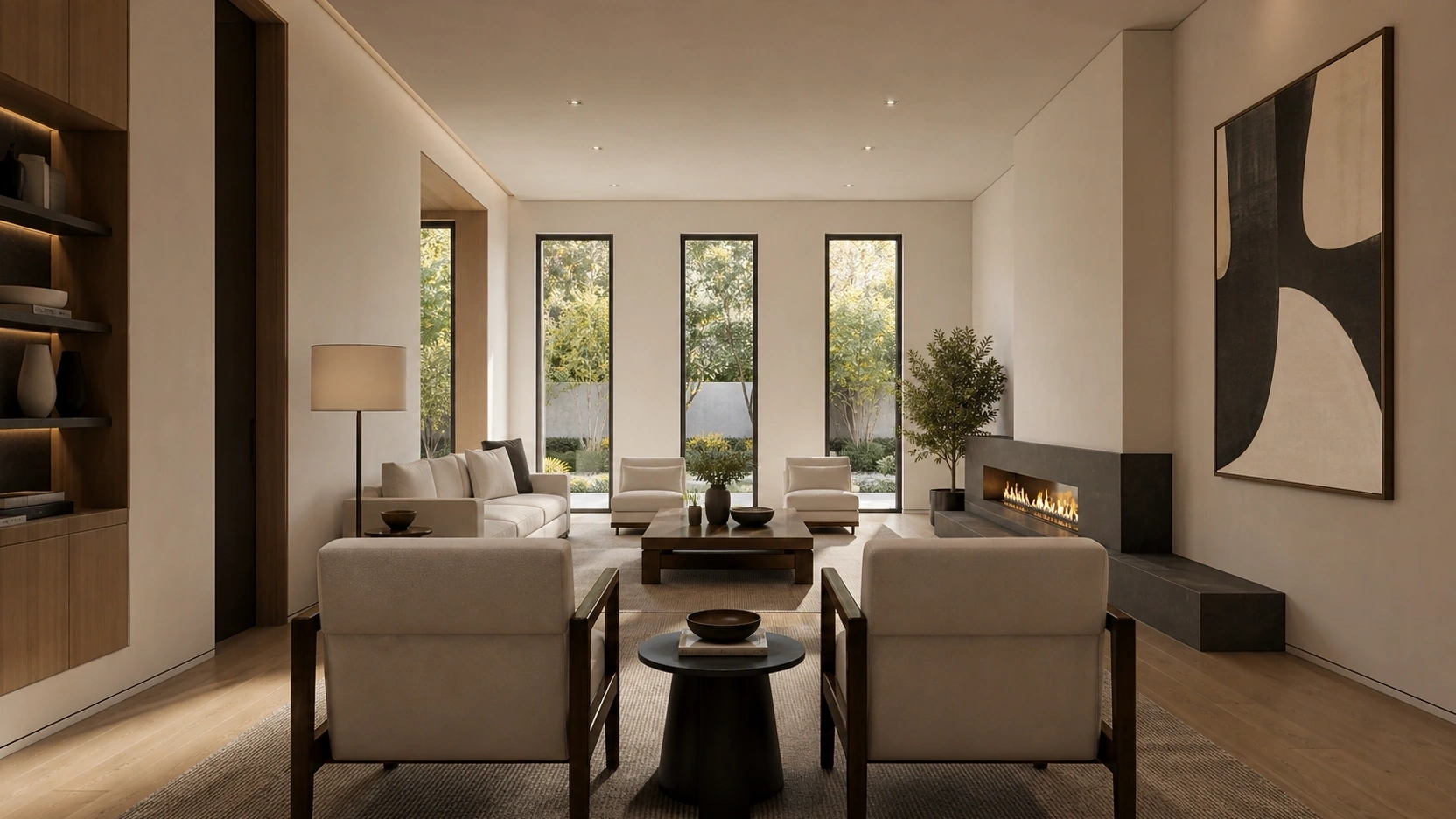Photorealistic rendering for interior design of a contemporary living room at 35mm focal length demonstrating natural undistorted perspective with parallel vertical lines