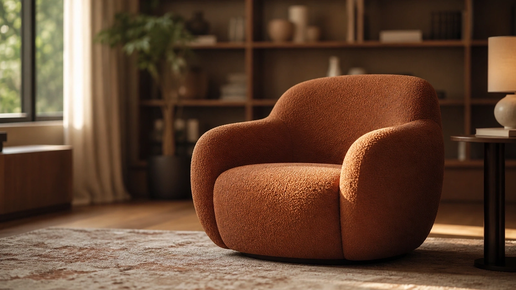 Photorealistic rendering for interior design of a terracotta bouclé armchair at 50mm focal length with shallow depth of field selective focus and soft background blur