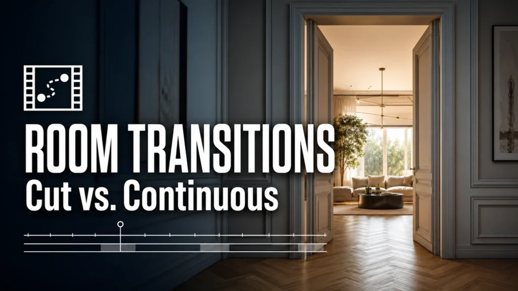 architectural walkthrough post with text overlay reading Room Transitions and Cut vs Continuous on a doorway walkthrough background with timeline graphics