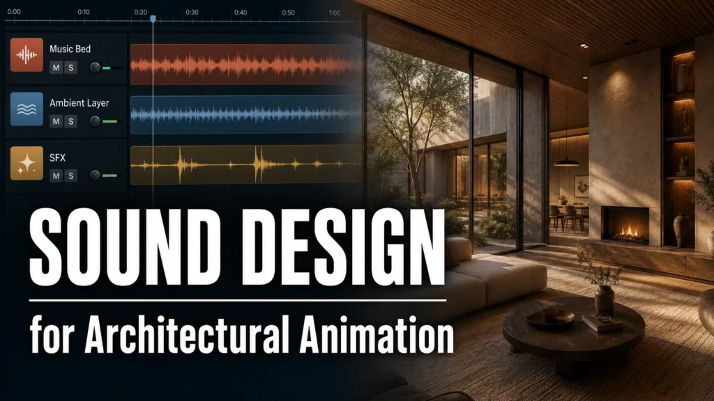3D architectural animations post with text overlay reading Sound Design for Architectural Animation on a split composition showing a DAW timeline and a photorealistic interior animation frame