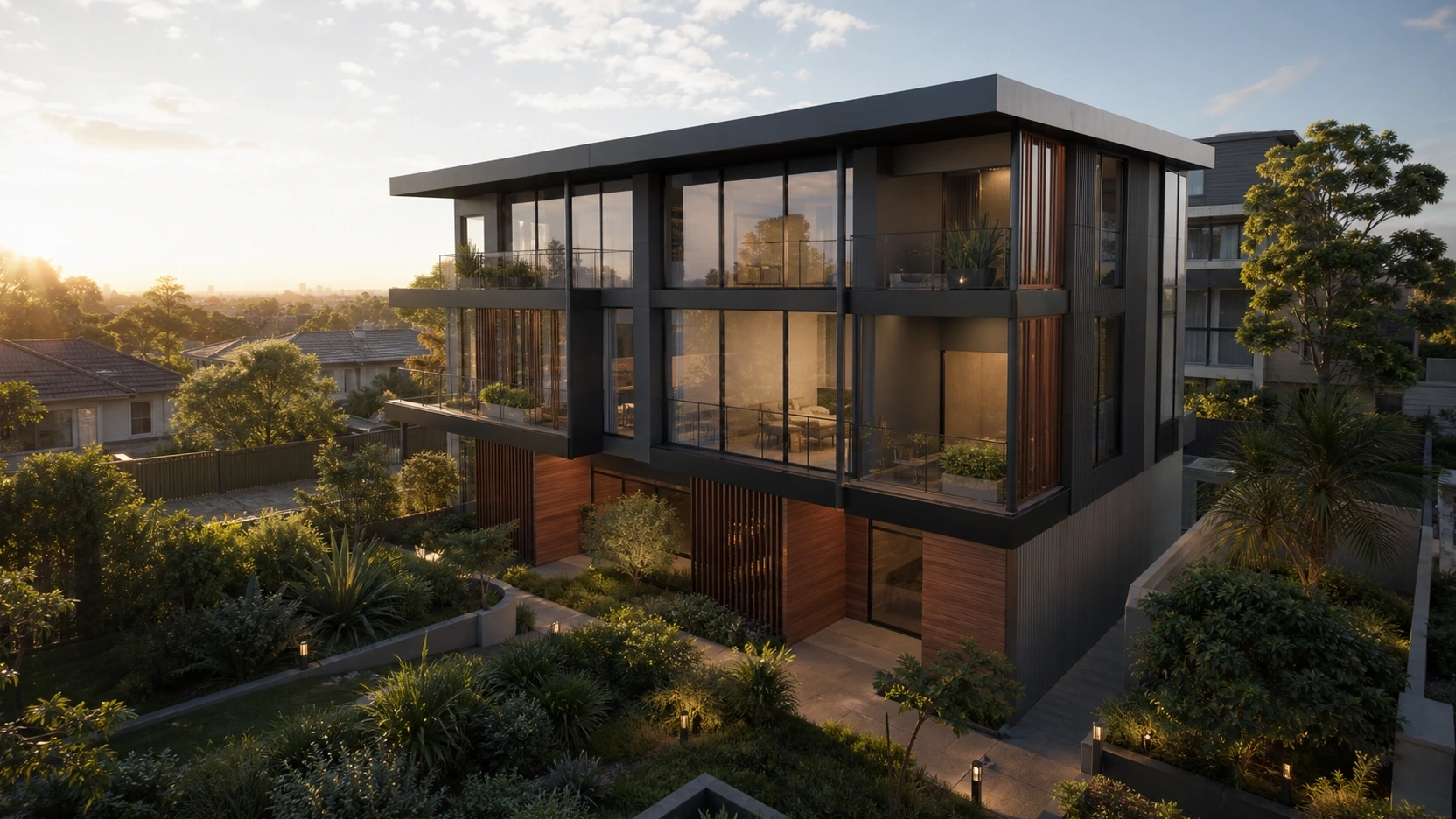 Unreal Engine 5 photorealistic exterior architectural walkthrough drone flythrough of a contemporary residential facade at golden hour