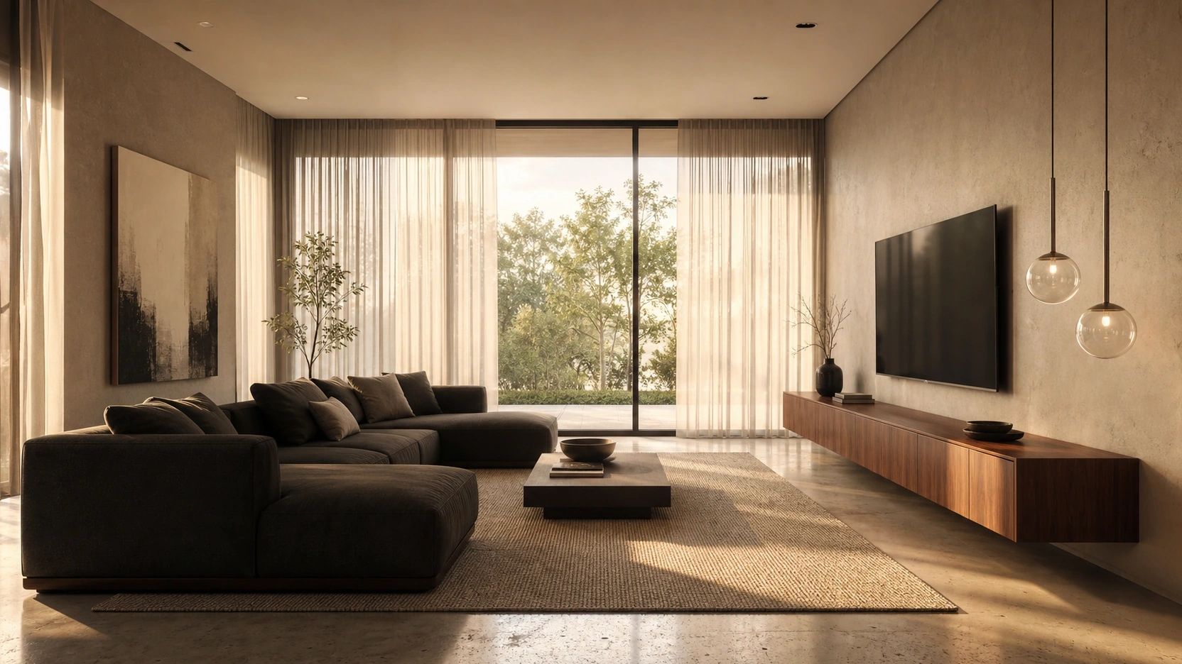 Professional V-Ray interior rendering of a modern living room showing real-time viewport ray tracing on RTX hardware