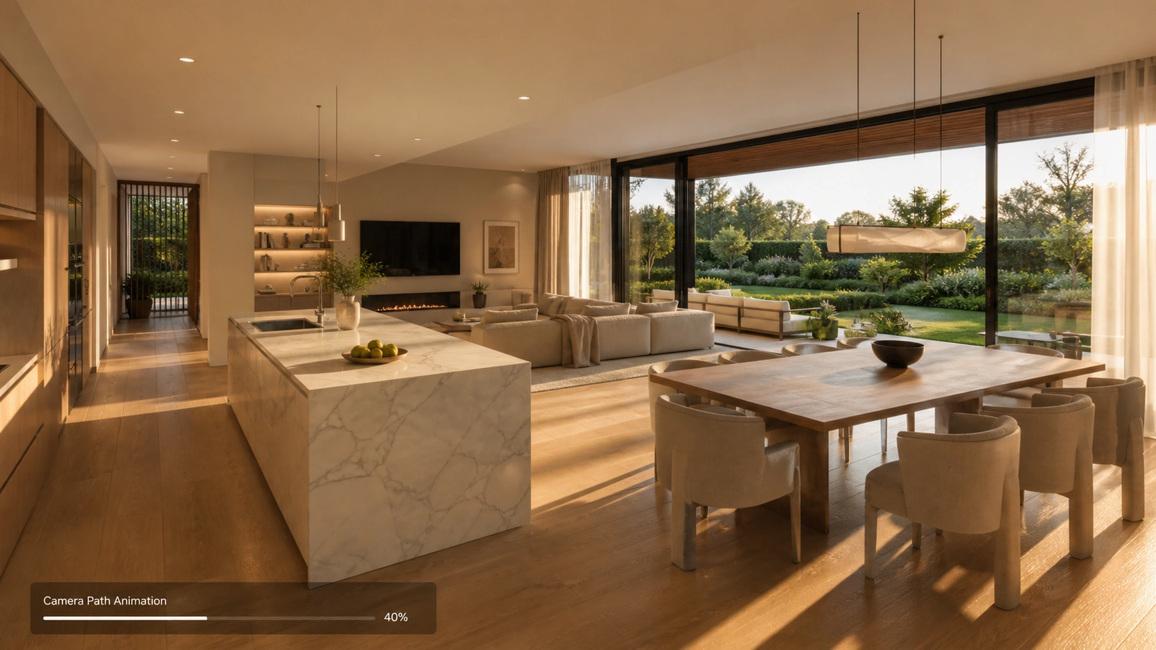 Photorealistic cinematic 3D architectural walkthrough still frame of a premium open-plan kitchen dining and living space at golden morning light with full-height glazing marble island natural oak floor and a subtle camera path animation progress bar overlay at bottom left