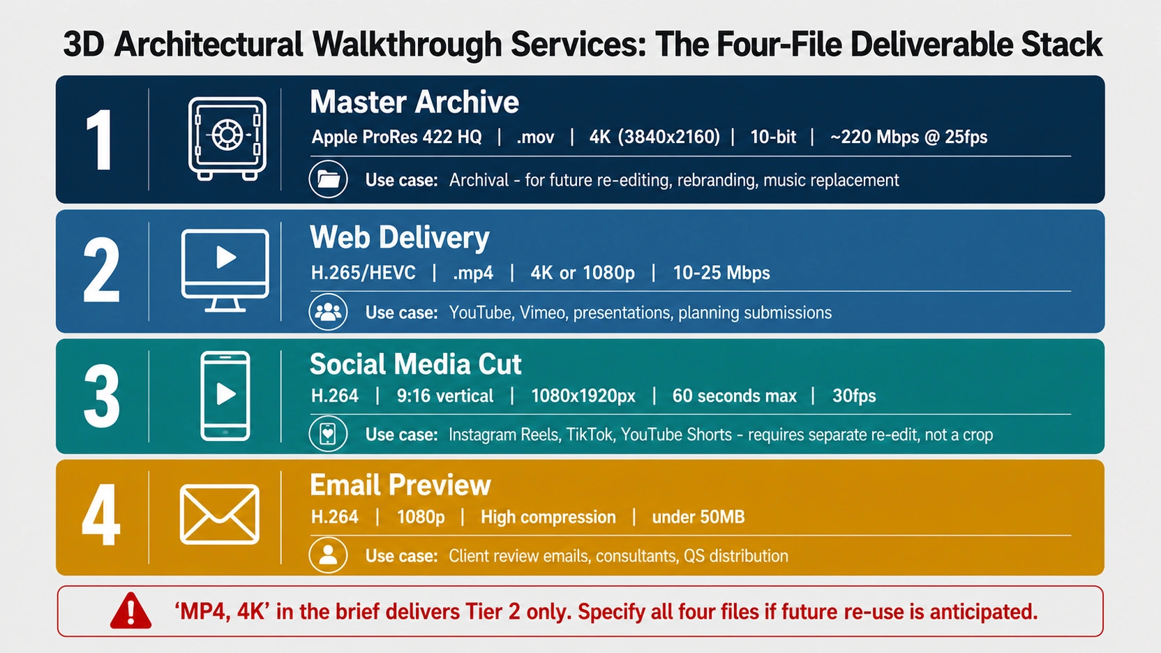 Four-tier deliverable stack diagram for 3D architectural walkthrough services showing dark navy ProRes 422 HQ master archive, steel blue H.265 web delivery, teal H.264 social media vertical cut, and amber email preview with red warning callout that MP4 4K brief only delivers tier two