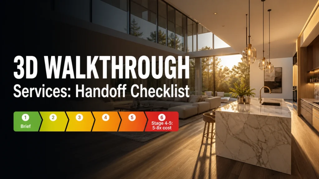 Blog thumbnail for 3D architectural walkthrough services post with 3D WALKTHROUGH text and Services: Handoff Checklist subtitle on a cinematic golden-hour open-plan living interior background with a mini six-stage green-to-red cost escalation colour bar graphic