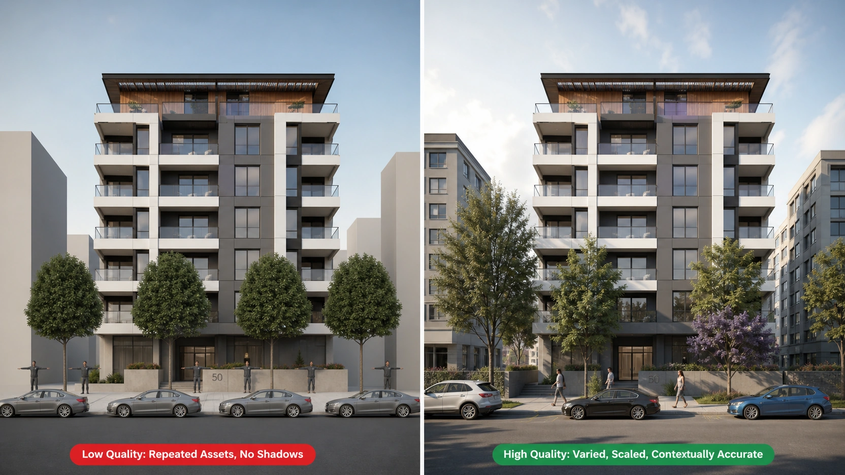 Split comparison of low-quality exterior render entourage with repeated identical tree assets, T-pose people with no shadows, and uniformly parked identical grey cars on the left versus high-quality entourage with varied species trees at natural heights, naturally posed people with correct ground shadows, and varied vehicles on the right