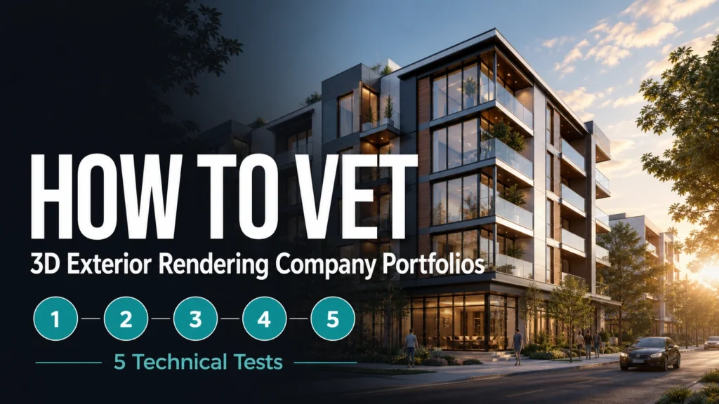 Blog thumbnail for 3D exterior rendering company portfolio vetting post with HOW TO VET and 3D Exterior Rendering Company Portfolios text on a premium golden-hour exterior render background with five small teal numbered badge graphics and 5 Technical Tests label