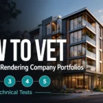 Blog thumbnail for 3D exterior rendering company portfolio vetting post with HOW TO VET and 3D Exterior Rendering Company Portfolios text on a premium golden-hour exterior render background with five small teal numbered badge graphics and 5 Technical Tests label