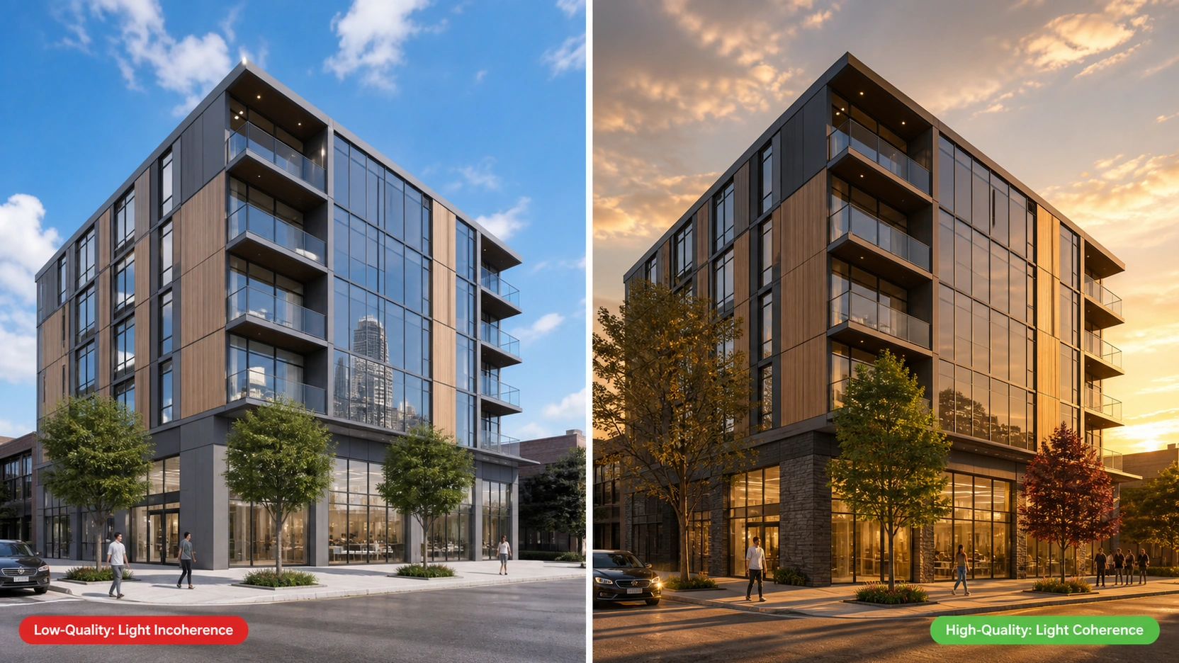 Side-by-side split panel hero showing a low-quality 3D exterior render with sky light incoherence, repeated tree assets, and no entourage shadows on the left versus a high-quality exterior render with matching shadows, varied entourage, and correct glazing reflection on the right