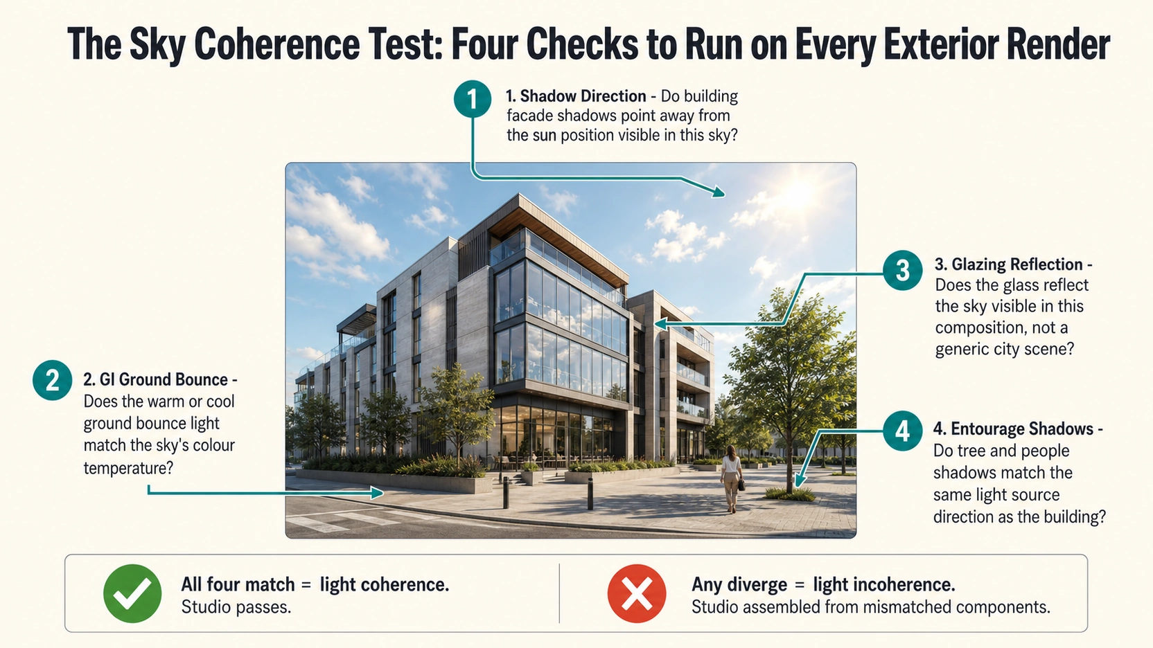 Flat design diagram of a stylised exterior building with four annotated callout arrows identifying the four sky coherence test points: shadow direction, GI ground bounce, glazing reflection, and entourage shadow direction, with green check and red X result key