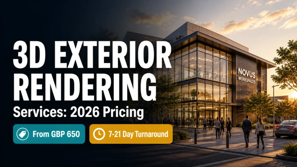 Blog thumbnail for 3D exterior rendering services 2026 pricing post with 3D EXTERIOR RENDERING text and Services: 2026 Pricing subtitle on a premium golden-hour commercial exterior background with teal From £650 and amber 7-21 Day Turnaround badge pill graphics