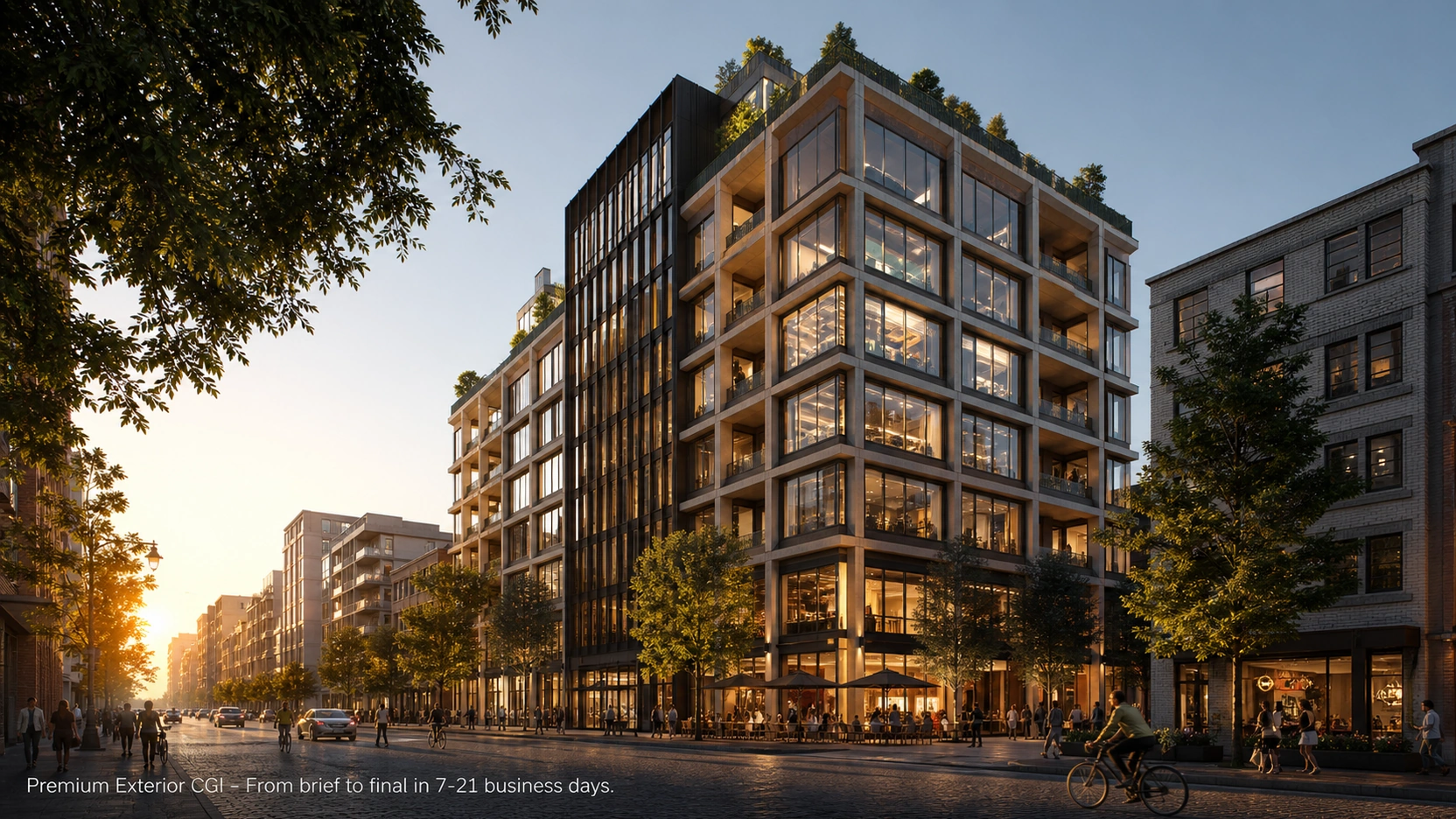 Production-grade photorealistic 3D exterior rendering services hero image of a premium contemporary 8-storey mixed-use commercial building at golden hour with complex glazed curtain wall facade, ground-floor cafe entourage, street trees with correct shadows, cyclists, pedestrians, and urban context buildings