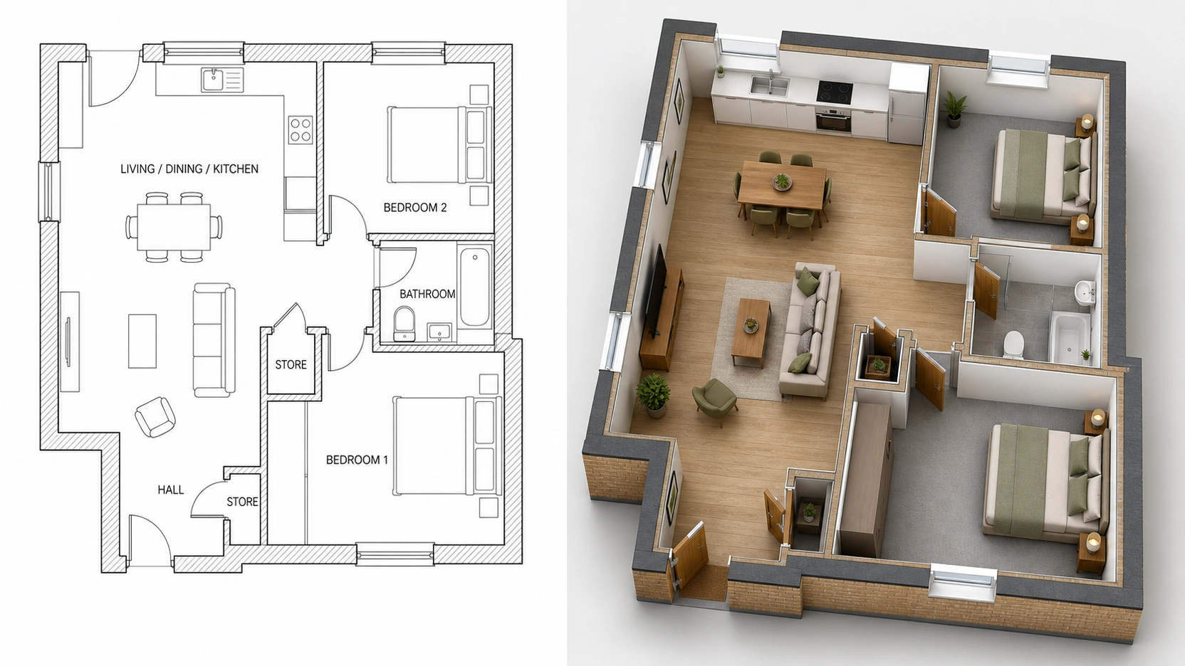 Split-composition comparison showing the same contemporary 2-bedroom UK flat as a clean black line 2D architectural CAD floor plan on the left with walls as double lines door swing arcs window notations and room annotations versus the same flat as a furnished 3D floor plan render on the right at 45 degree oblique view with extruded walls pale oak flooring staged furniture and buff brick wall cuts
