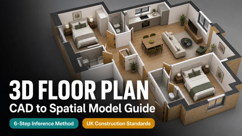 Blog thumbnail for 3D floor plan guide with 3D FLOOR PLAN text on furnished 2-bedroom UK flat oblique aerial 3D floor plan render background with teal 6-Step Inference Method and amber UK Construction Standards badge pills