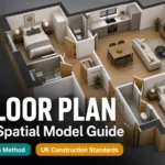 Blog thumbnail for 3D floor plan guide with 3D FLOOR PLAN text on furnished 2-bedroom UK flat oblique aerial 3D floor plan render background with teal 6-Step Inference Method and amber UK Construction Standards badge pills