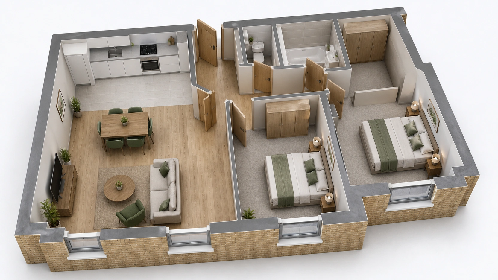 Photorealistic V-Ray 7 3D floor plan render of a contemporary UK new-build 2-bedroom flat at 45-50 degree oblique aerial camera position showing full floor layout with pale oak flooring in living area and bedrooms pale grey carpet in bedrooms white kitchen cabinetry grey stone worktop correctly scaled furniture including sofa armchair dining table double beds wardrobes and external cavity walls at 300mm with buff brick exterior face visible at wall cuts