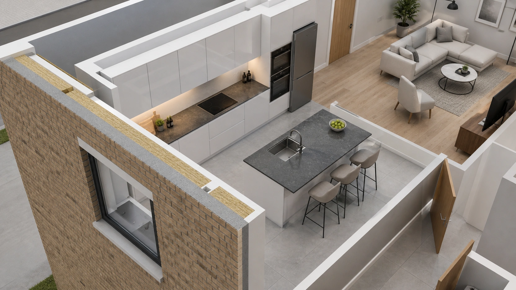 Photorealistic 3D floor plan detail render at close-up 50-degree oblique showing kitchen and open-plan living area with external cavity wall at 300mm visible at wall cut with buff brick exterior face and white plaster interior window opening with 900mm sill height 2100mm head height white plaster walls light grey tile floor kitchen island at 900mm height and wall cabinets proportioned to 2.4m ceiling height