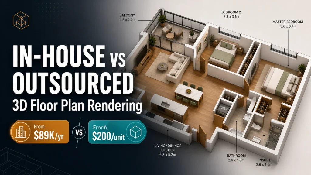 Blog thumbnail for 3D floor plan rendering post with text overlay IN-HOUSE vs OUTSOURCED and 3D Floor Plan Rendering on a clean isometric 2-bedroom apartment floor plan with amber from $89K per year and teal from $200 per unit cost badge graphics