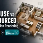 Blog thumbnail for 3D floor plan rendering post with text overlay IN-HOUSE vs OUTSOURCED and 3D Floor Plan Rendering on a clean isometric 2-bedroom apartment floor plan with amber from $89K per year and teal from $200 per unit cost badge graphics