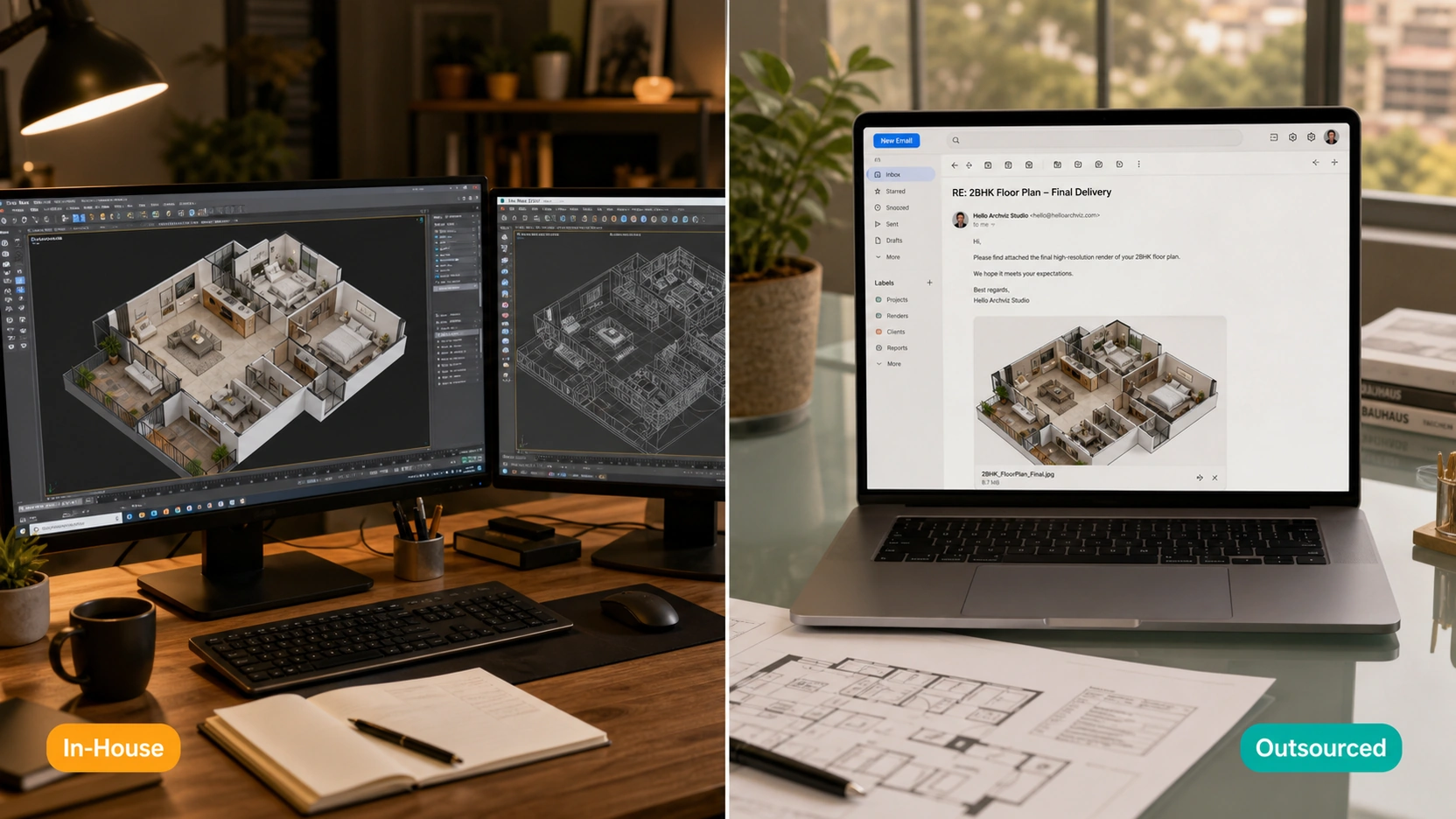 Split panel hero image showing an in-house 3D floor plan rendering workstation with 3ds Max viewport on the left and an outsourced 3D floor plan rendering delivery email on a laptop on the right both displaying the same 2-bedroom apartment floor plan