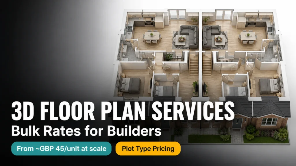 Blog thumbnail for 3D floor plan services bulk pricing post with 3D FLOOR PLAN SERVICES text and Bulk Rates for Builders subtitle on an isometric furnished semi-detached floor plan background with teal From £45 per unit scale and amber Plot Type Pricing badge pills