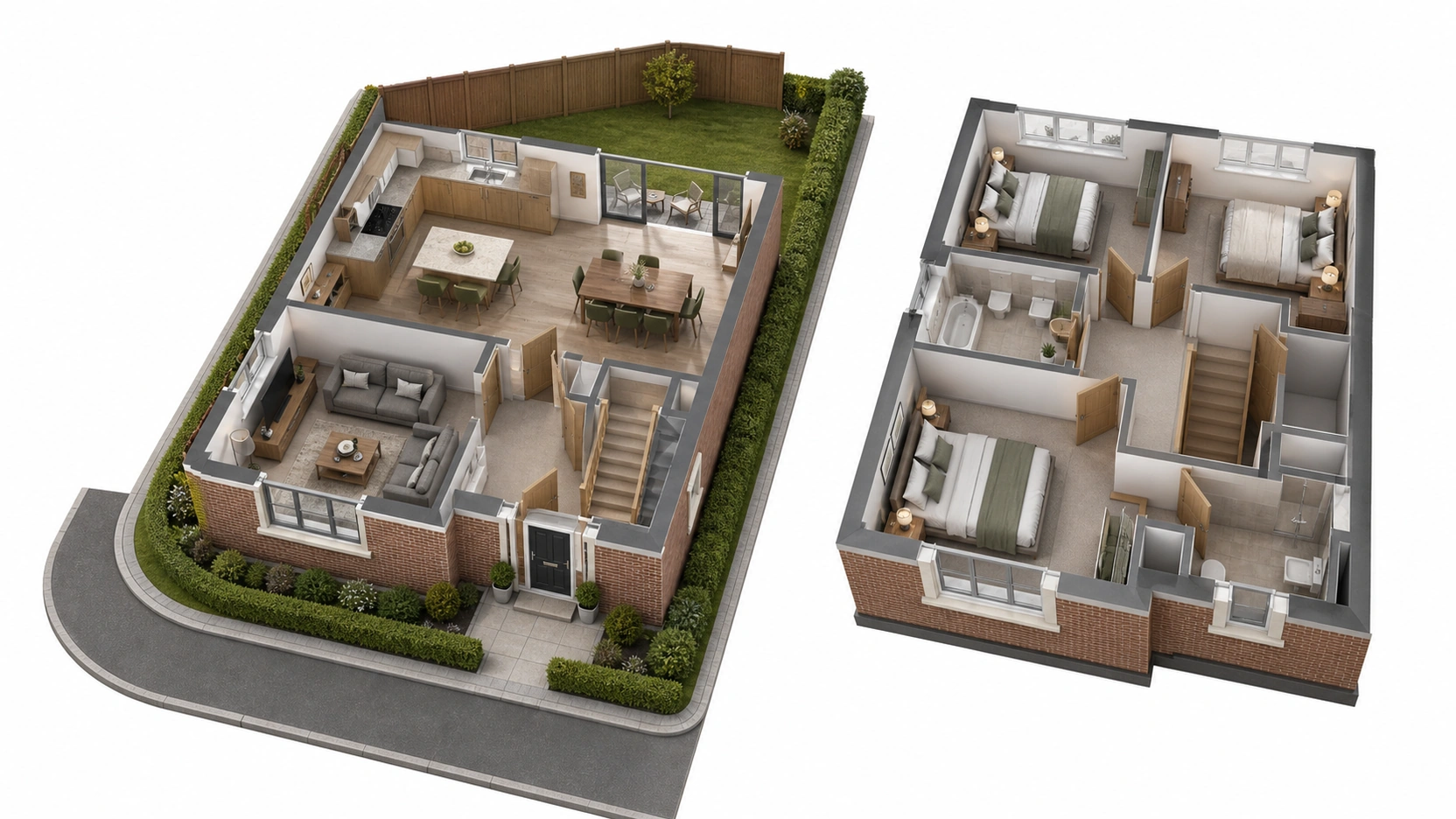 Photorealistic isometric 3D floor plan services corner plot variant of a furnished 3-bed detached house with two street frontages visible a repositioned main entrance and a side elevation window adding light to the hallway and living room
