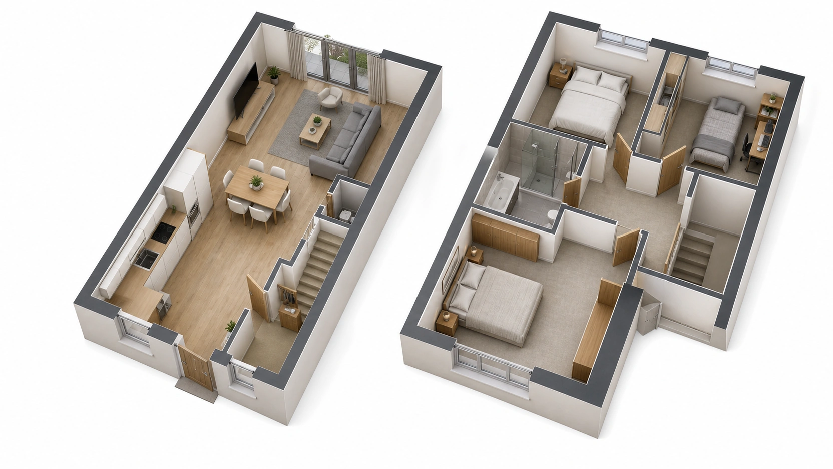 Photorealistic isometric 3D floor plan services hero image of a furnished 3-bed semi-detached house in exploded split-level view with white walls pale oak kitchen mid-grey sofa and pale grey bathroom tiles clean white background