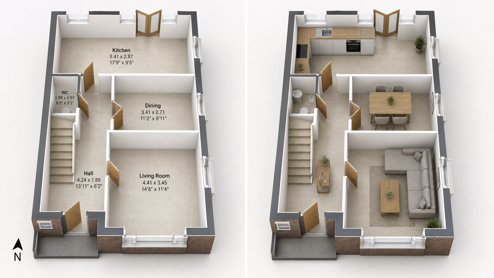 Two-panel side-by-side 3D floor plan services comparison of the same 3-bed semi-detached ground floor in unfurnished technical mode with dimension labels and room names on the left and fully furnished marketing mode with kitchen sofa dining table on the right