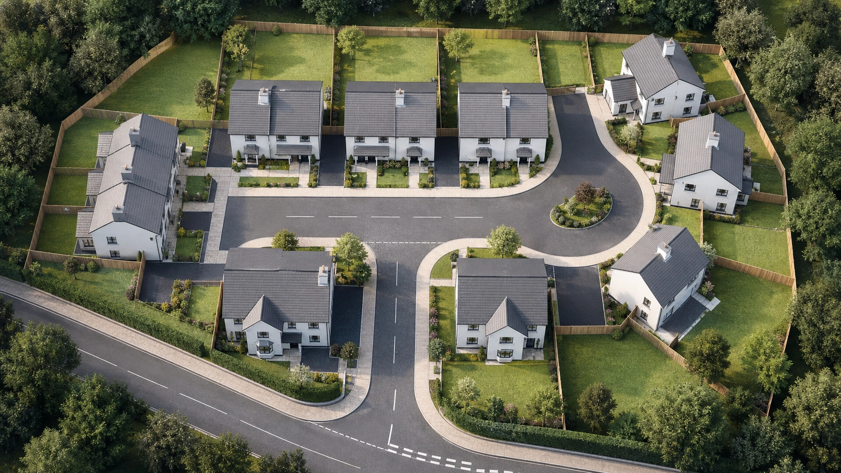 Photorealistic aerial top-down 3D floor plan services residential development site layout showing approximately 20 units across 4 plot types including semi-detached terraces detached corner plots and a cul-de-sac arrangement with pale green gardens and grey road