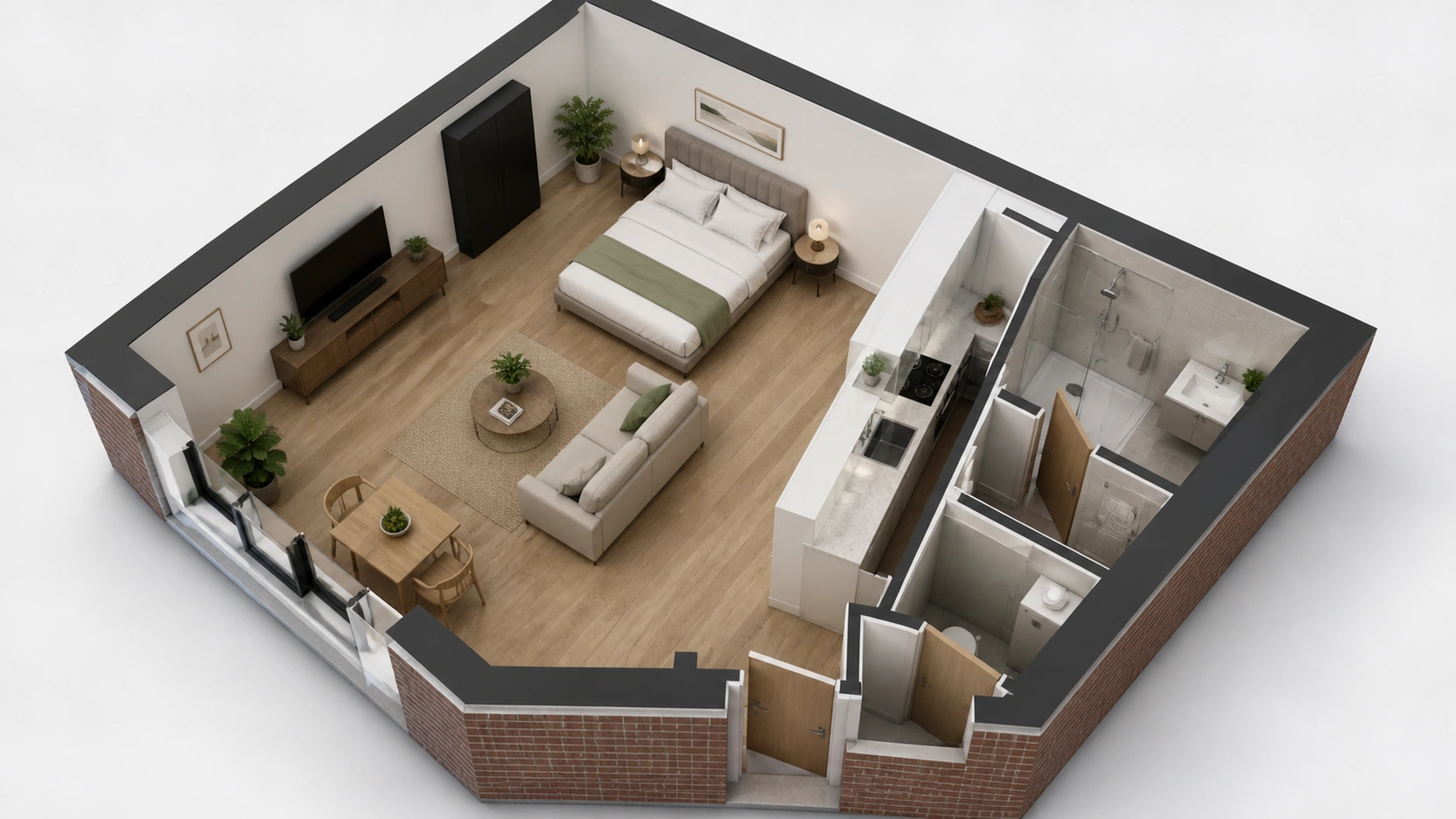 Photorealistic V-Ray 7 3D floor plan render of a contemporary UK new-build studio open-plan flat at 45 degree oblique aerial showing approximately 35-40 sqm single room with double bed padded headboard compact sofa TV unit small dining table for two galley kitchen with white cabinetry bathroom with walk-in shower WC vanity pale oak flooring white walls buff brick wall cuts