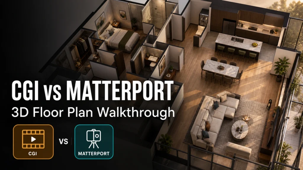 Blog thumbnail for 3D floor plan walkthrough post with text overlay CGI vs Matterport on a warm premium apartment interior render background with amber CGI and teal Matterport icon badge graphics
