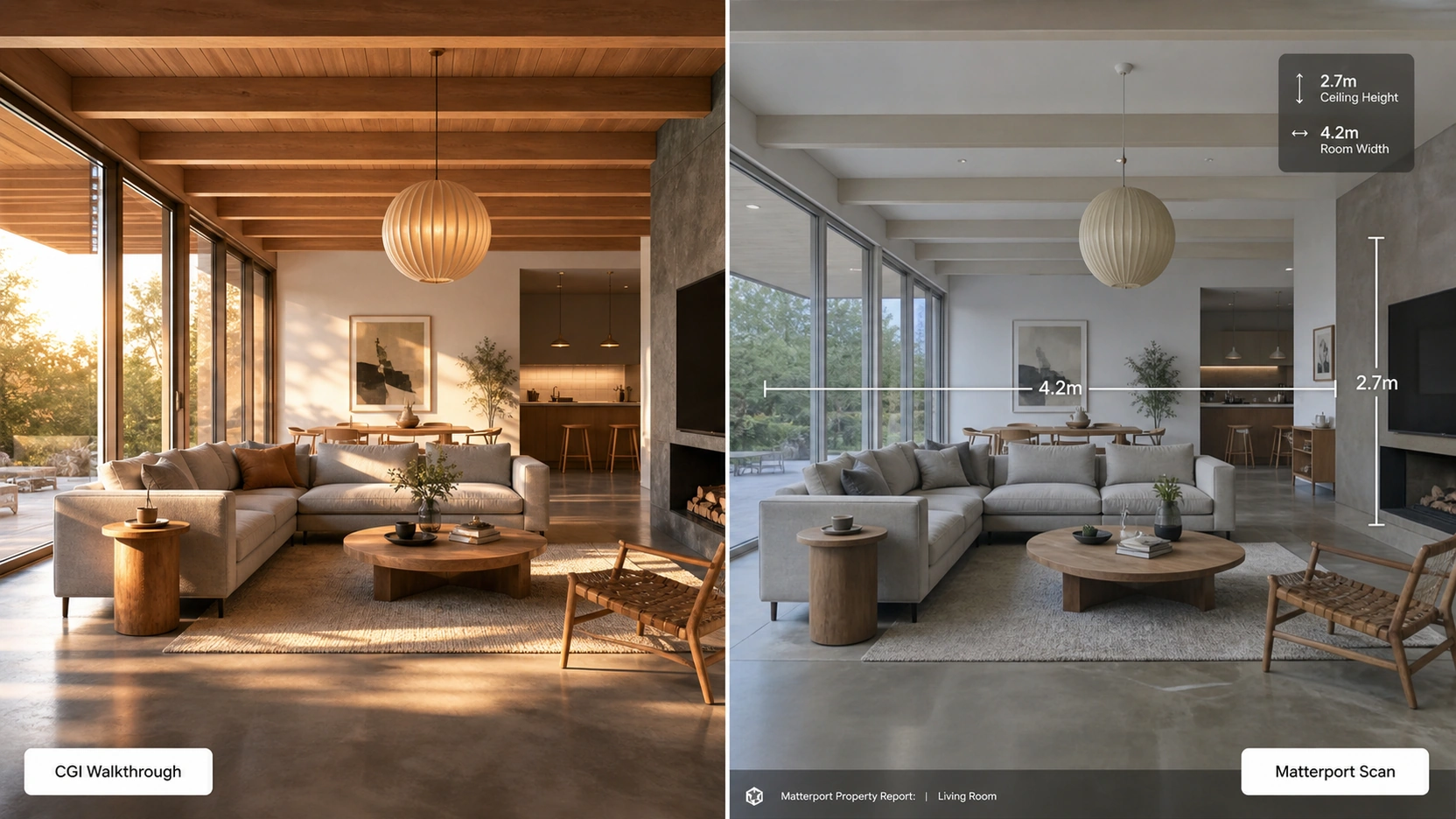 Split panel hero image showing a CGI 3D floor plan walkthrough of a warm premium living room on the left and the same room as a Matterport scan with measurement overlay on the right