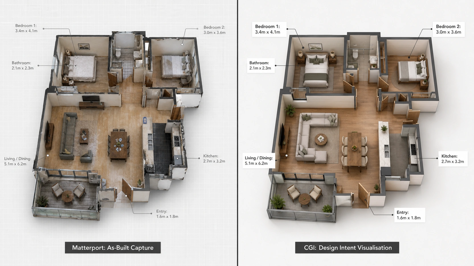Split panel illustration comparing a Matterport dollhouse as-built top-down capture with clinical scan aesthetic on the left and a CGI orthographic 3D floor plan with warm designer materials and charcoal annotation bars on the right