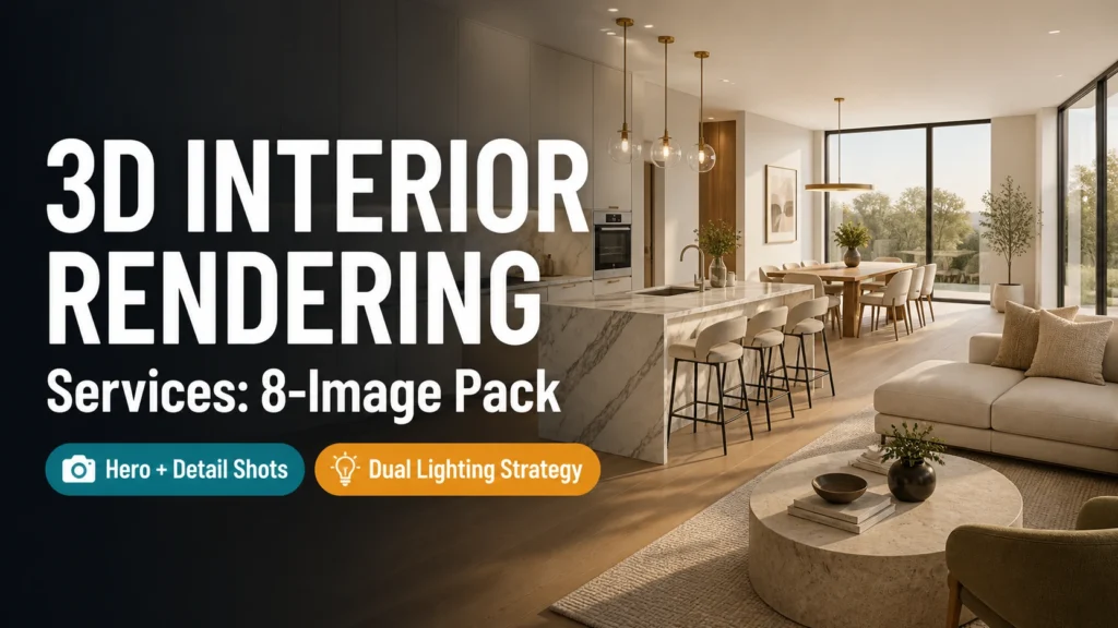 Blog thumbnail for 3D interior rendering services 8-image pack post with bold text on premium Calacatta marble open-plan kitchen background with teal Hero plus Detail Shots and amber Dual Lighting Strategy badge pills