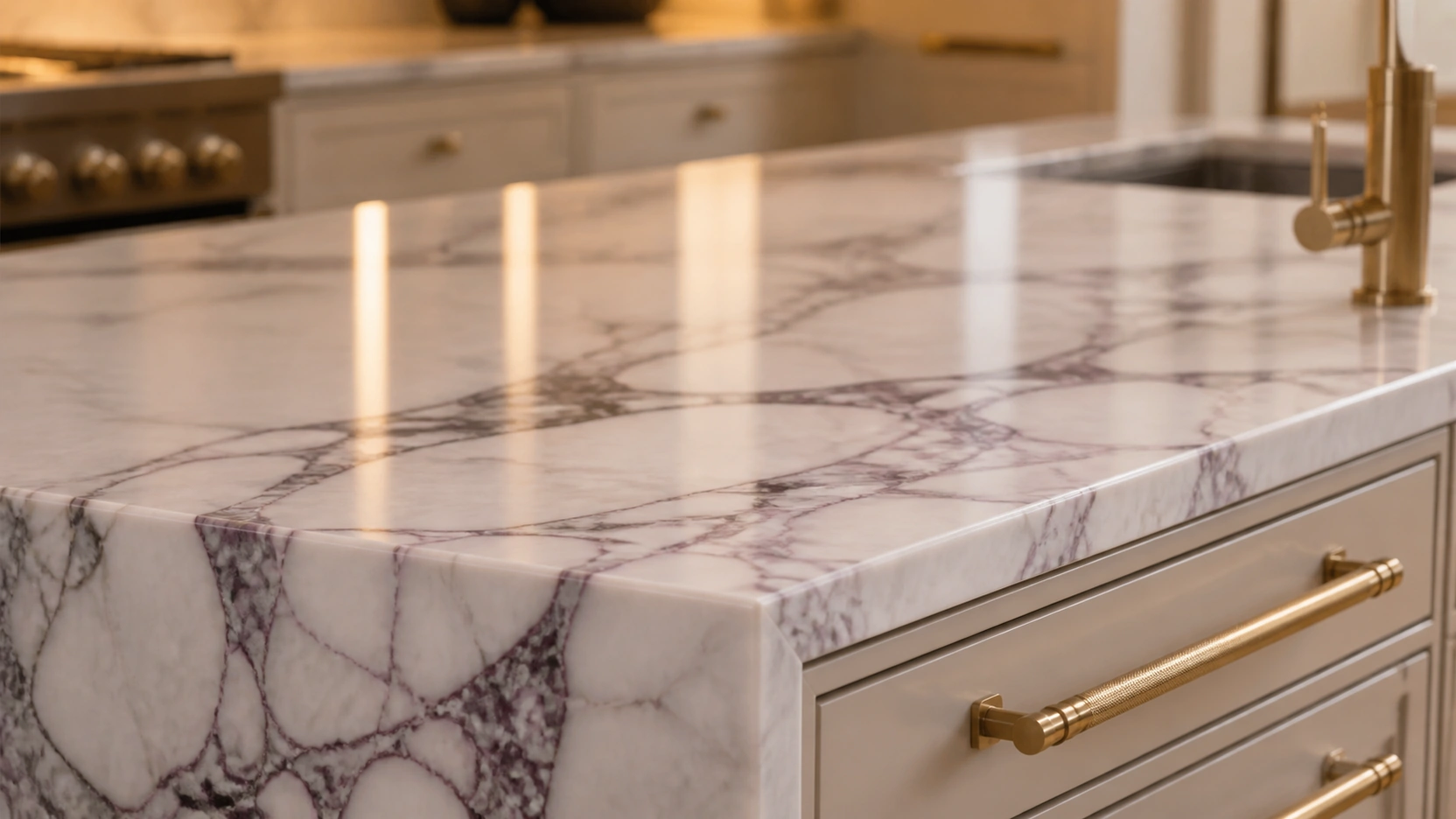 Photorealistic 3D interior rendering services detail shot at 90mm telephoto of a Calacatta Viola marble kitchen island waterfall edge with matte brushed brass drawer handles and pendant reflections in polished stone surface
