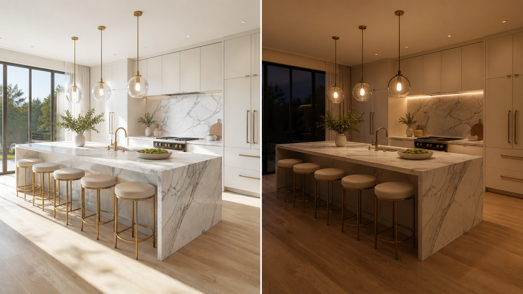 Two-panel 3D interior rendering services comparison of the same Calacatta marble kitchen at daytime natural light 5500K on the left and warm evening artificial tungsten and LED lighting 2700K on the right identical geometry camera and materials