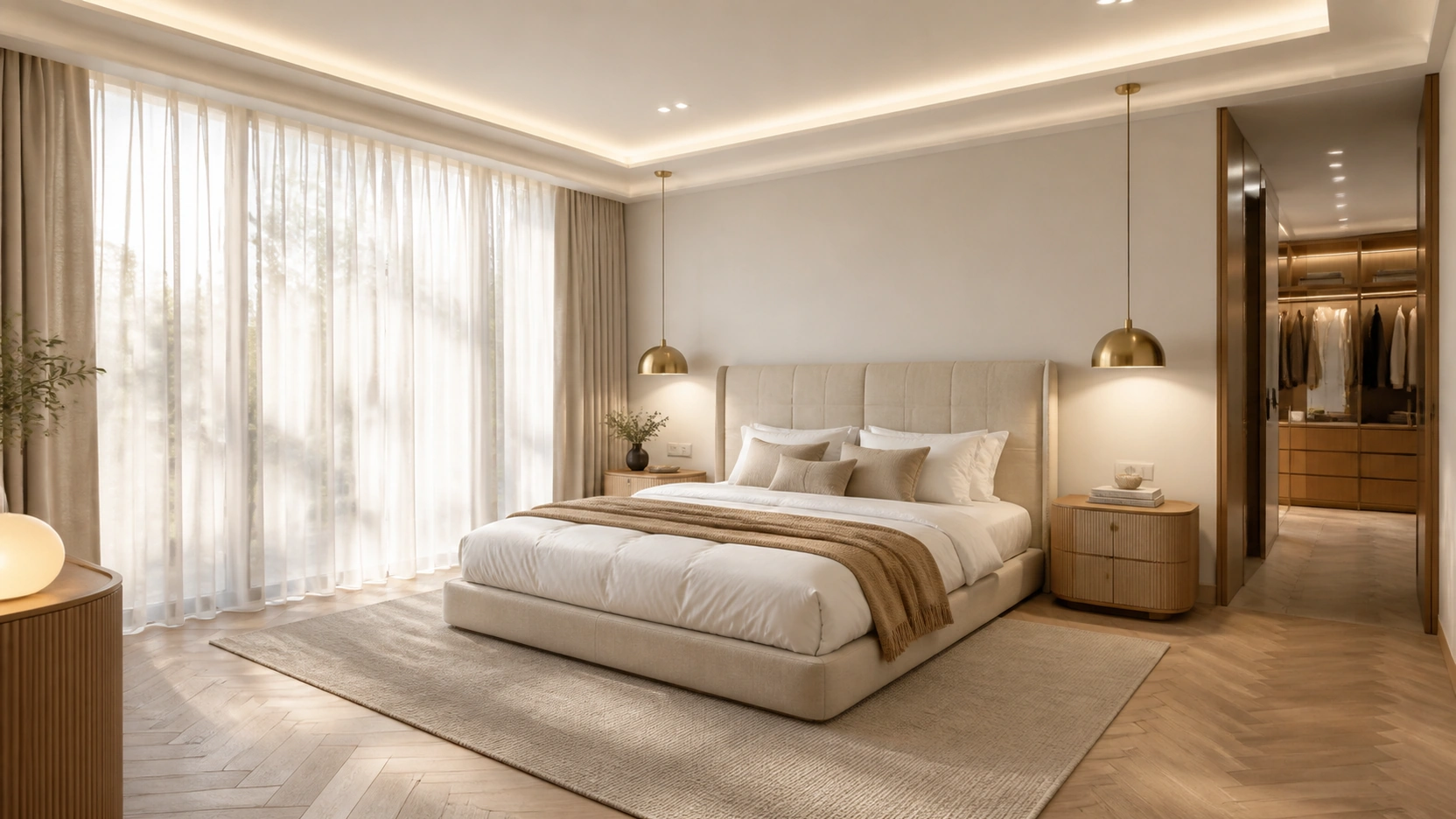 Photorealistic 3D interior rendering services master bedroom hero shot at 32mm wide angle with quilted oatmeal linen headboard brushed brass pendant lights herringbone white oak flooring and sheer ivory curtains filtering afternoon natural light