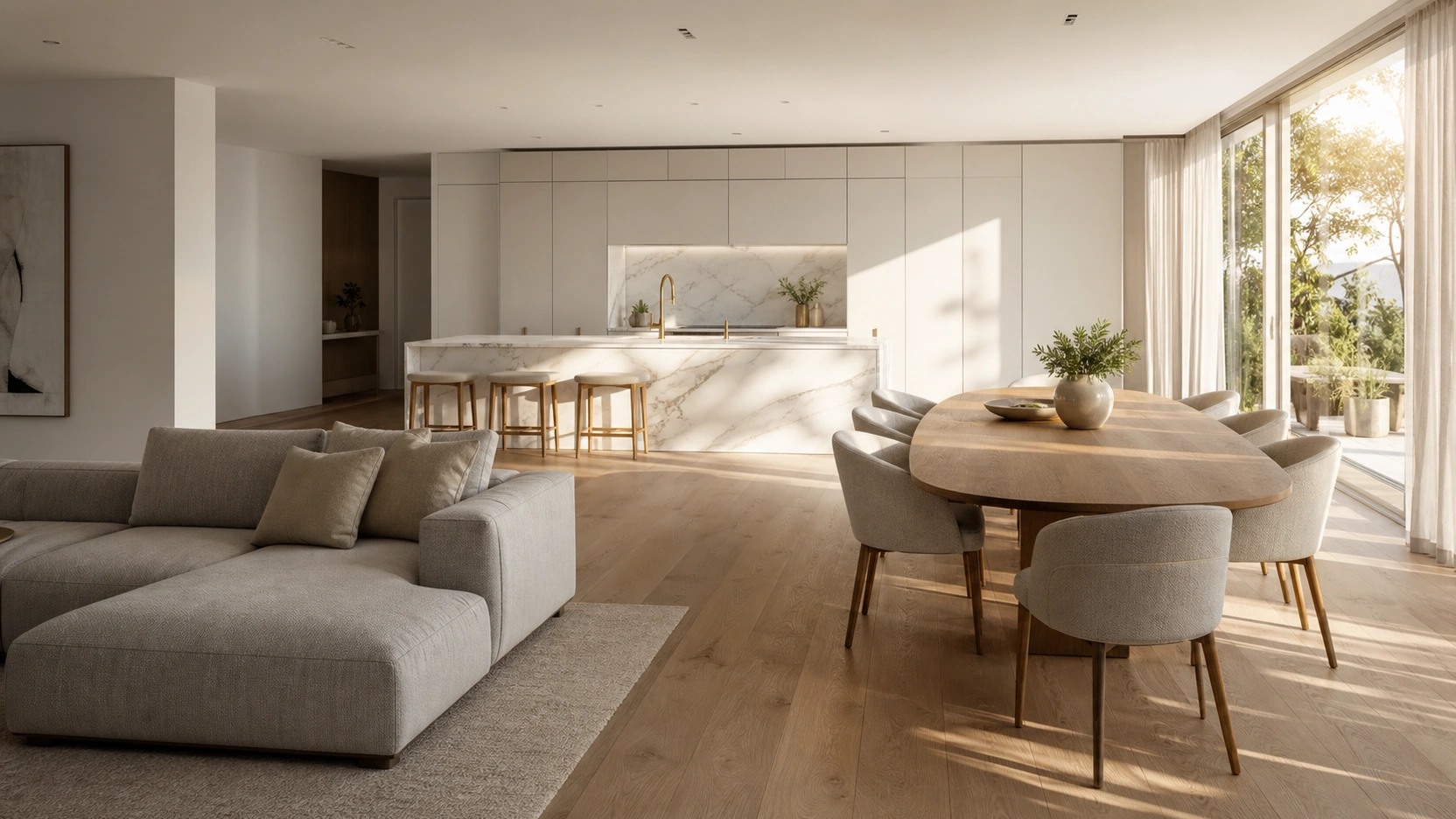 Photorealistic 3D interior rendering services hero shot of a premium open-plan kitchen dining living space at morning natural light with Calacatta marble island matte brass hardware white oak flooring oatmeal sectional sofa and full-height glazing