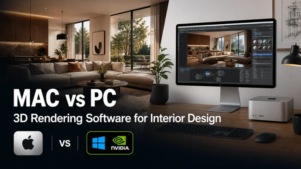 Blog thumbnail for 3D rendering software for interior design post with text overlay MAC vs PC on a split warm interior render and Mac studio setup background with Apple silver and Windows NVIDIA icon badge graphics