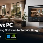 Blog thumbnail for 3D rendering software for interior design post with text overlay MAC vs PC on a split warm interior render and Mac studio setup background with Apple silver and Windows NVIDIA icon badge graphics